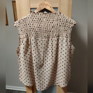 Ellison Tan Black Polka Dot Sleeveless Blouse W/elastic Neck Lightweight Comfy